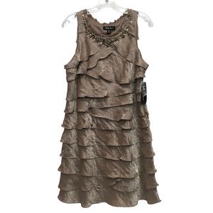 S.L. Fashions Beaded Neck Shimmer Tiered Dress Taupe NWT Misses size 14